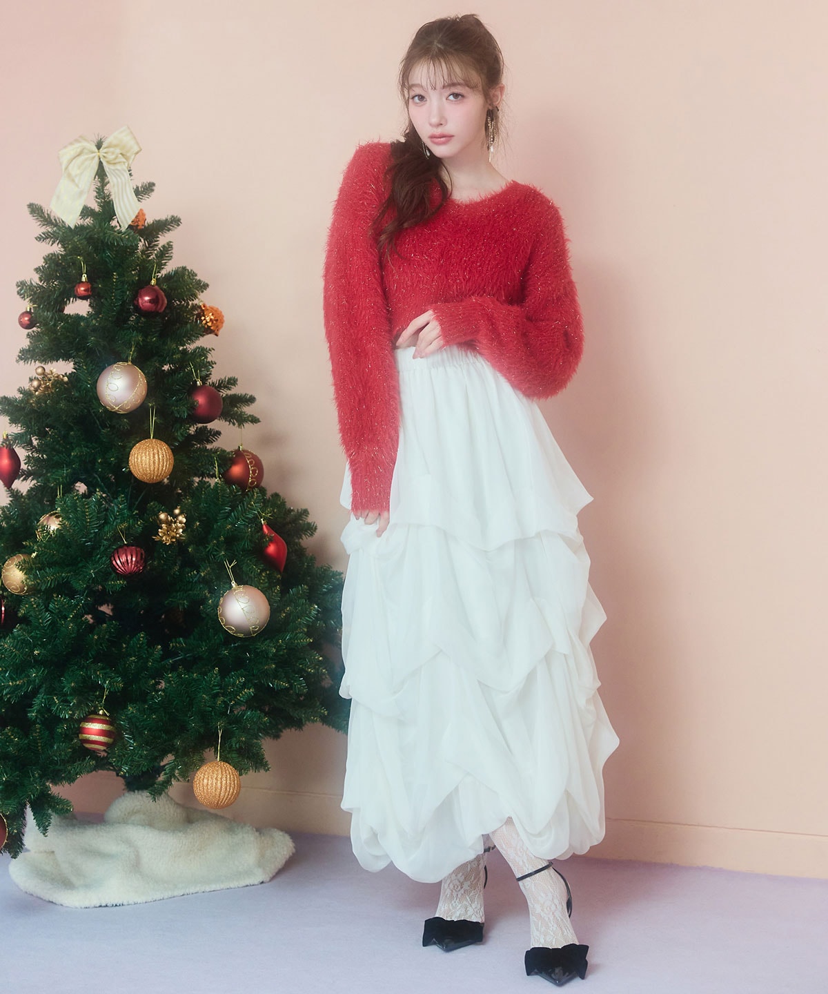 タックバルーンボリュームシフォンロングスカート