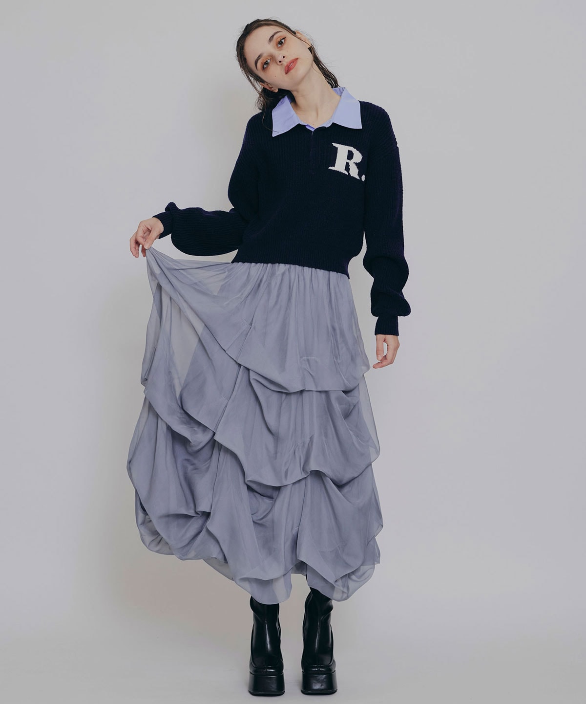 タックバルーンボリュームシフォンロングスカート