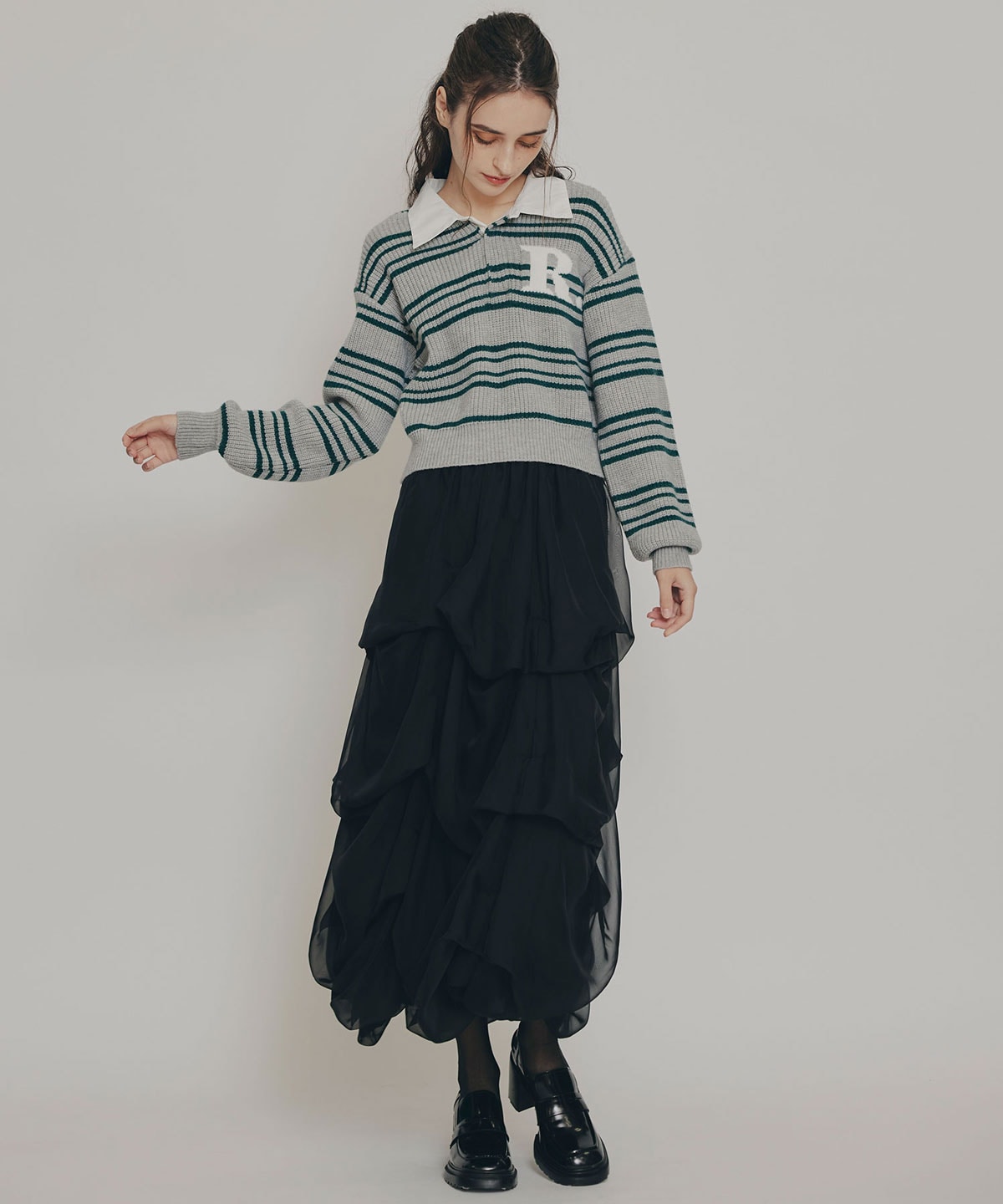 タックバルーンボリュームシフォンロングスカート