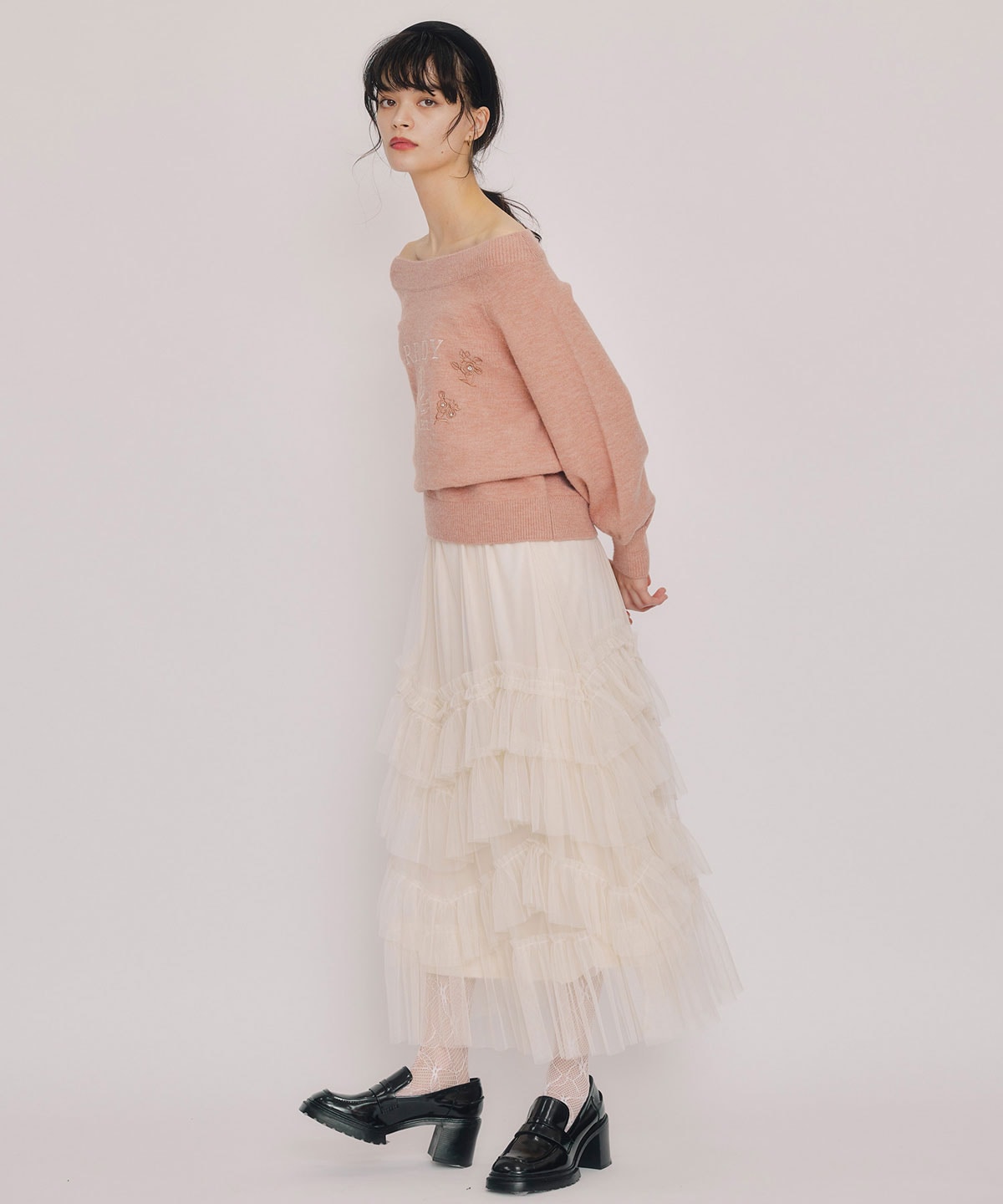 ギャザーチュールティアードロングスカート