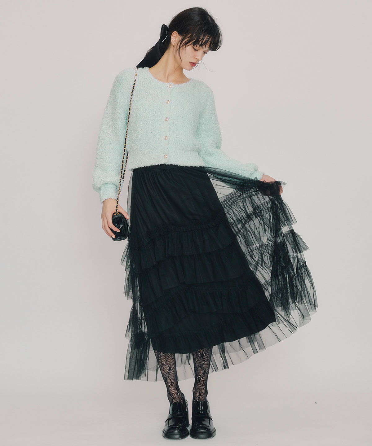 ギャザーチュールティアードロングスカート