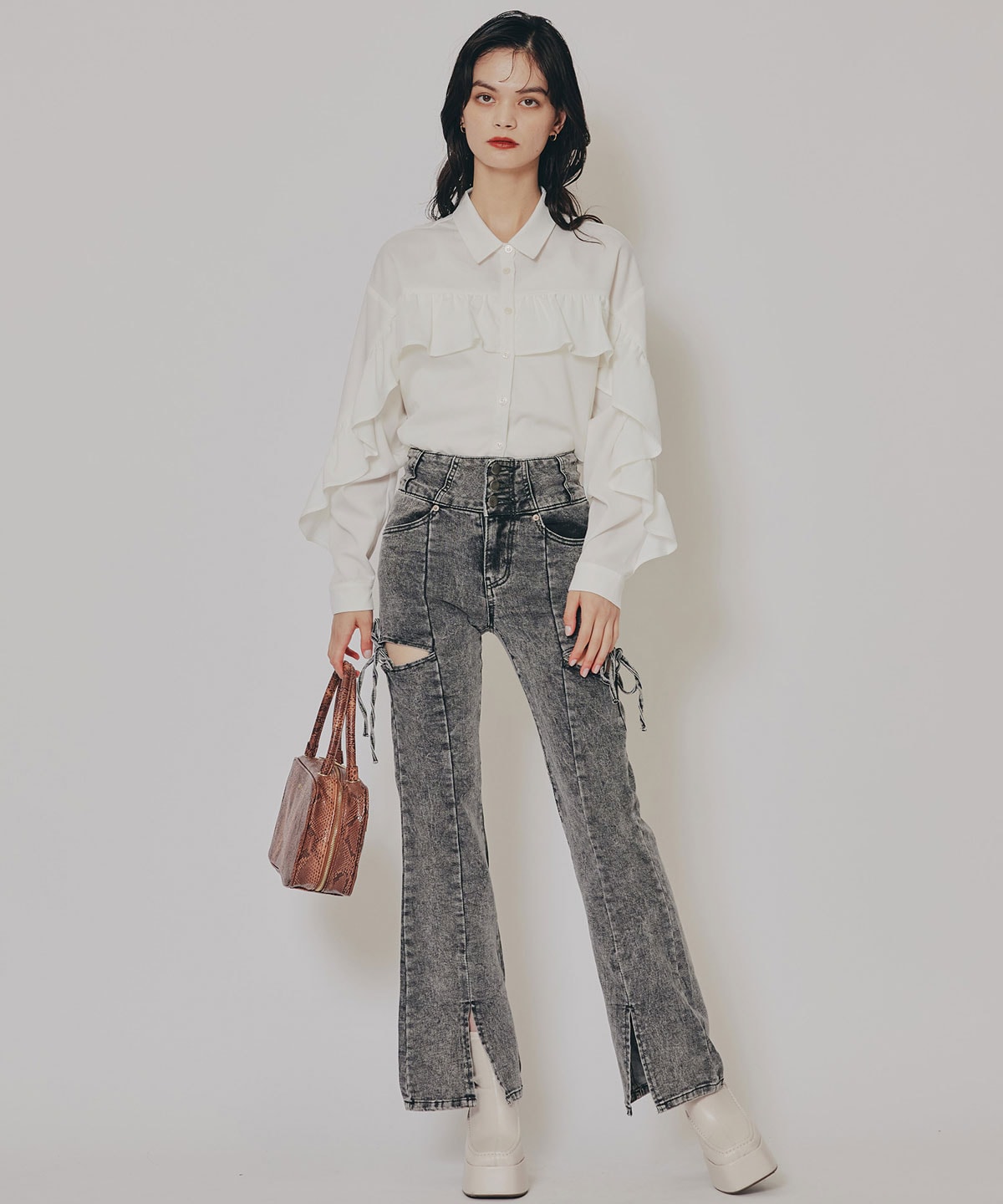 カットアウトリボンストレッチデニム