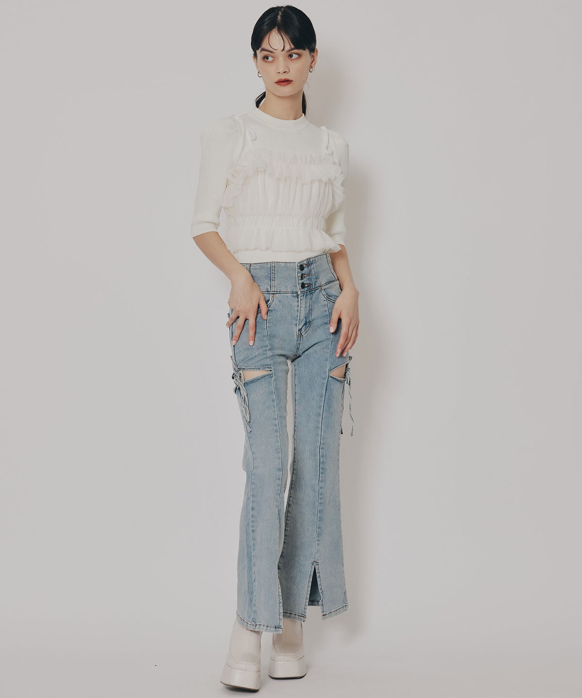 カットアウトリボンストレッチデニム