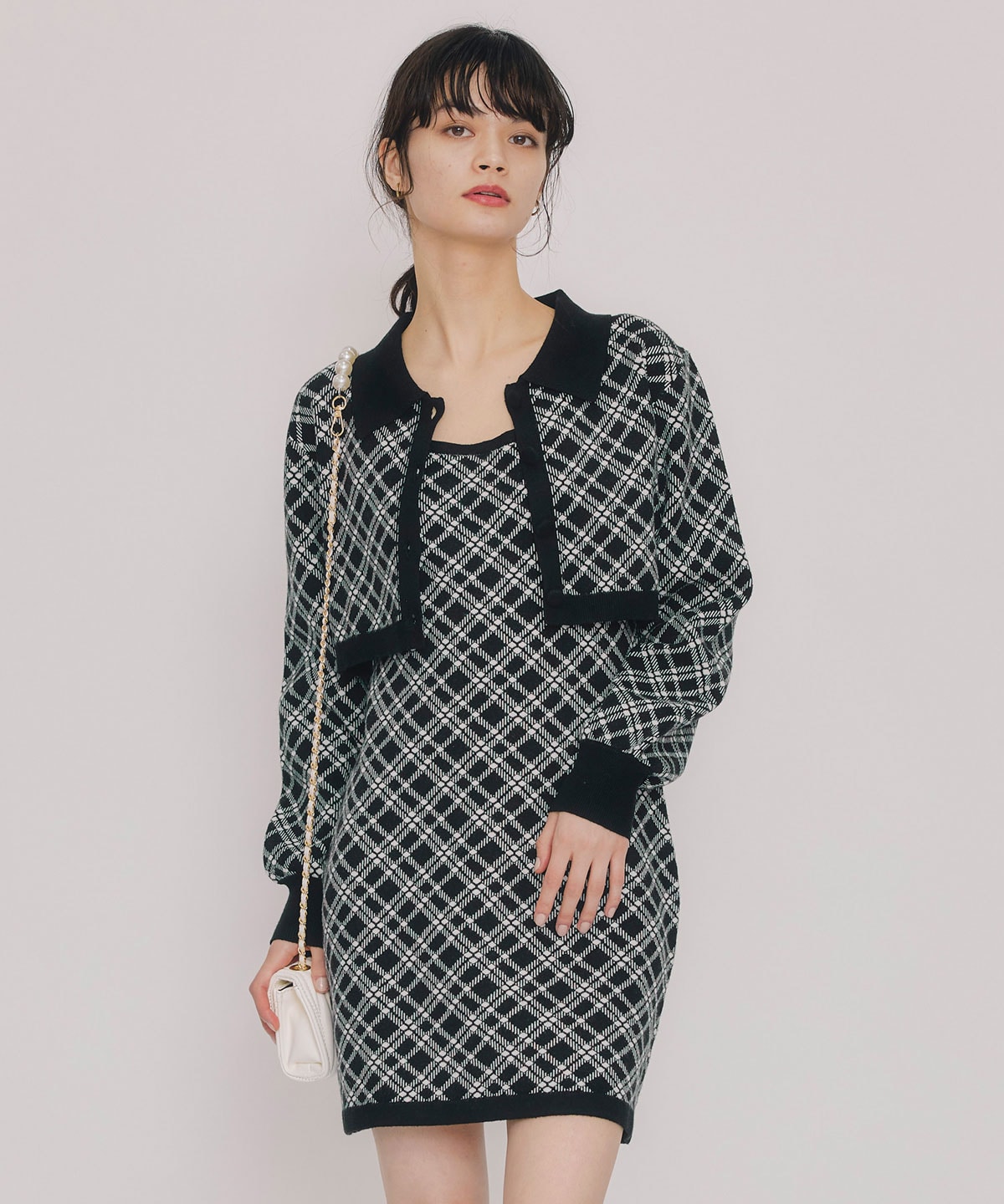 クラシカルニットカーディガン×キャミソールニットワンピースセットアップ