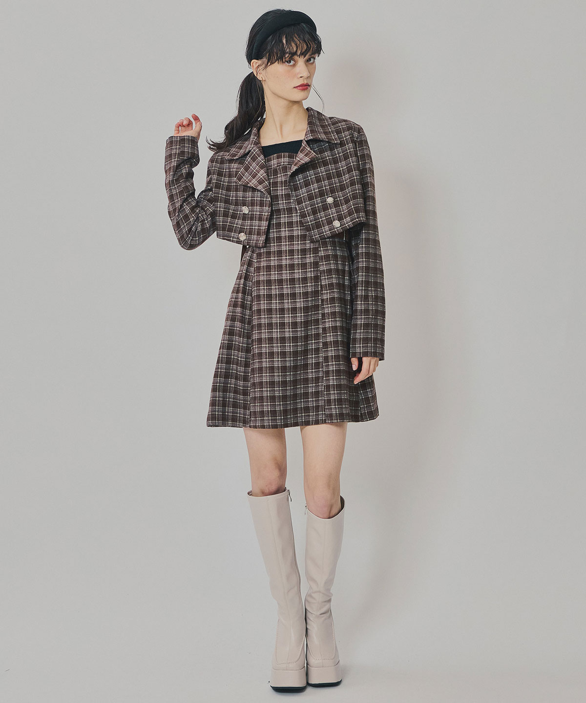 チェックショートジャケット×Wベルトワンピースセットアップ