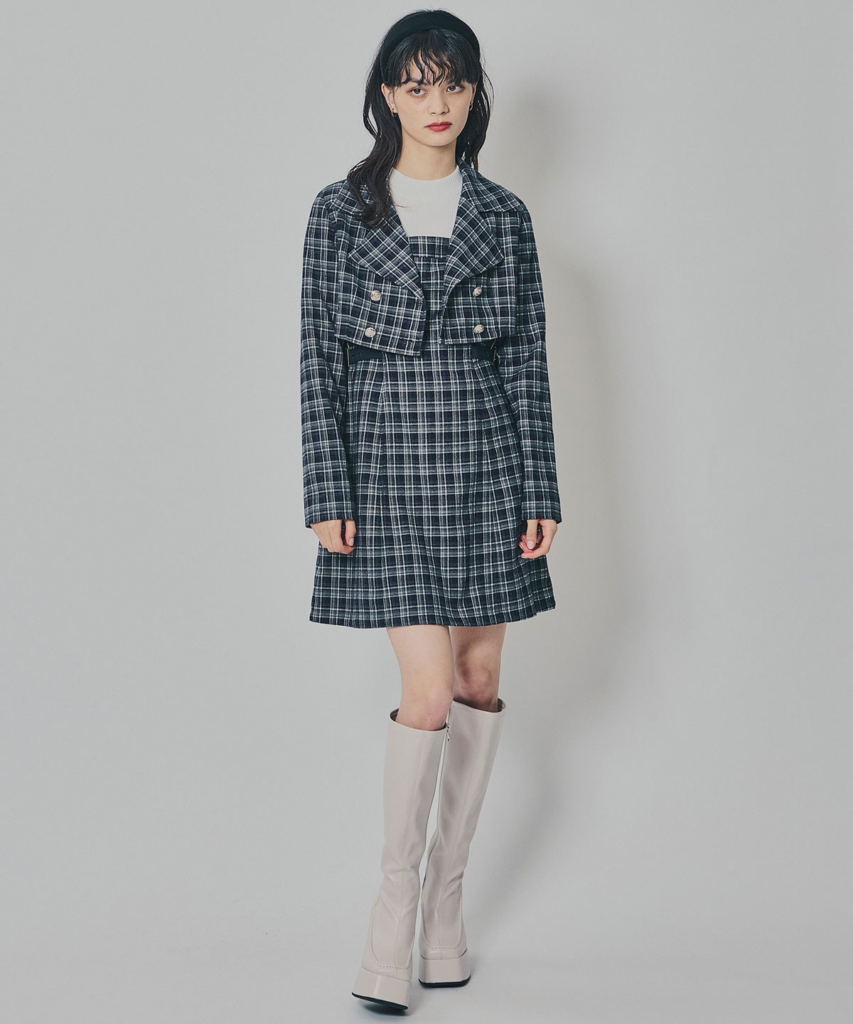 チェックショートジャケット×Wベルトワンピースセットアップ