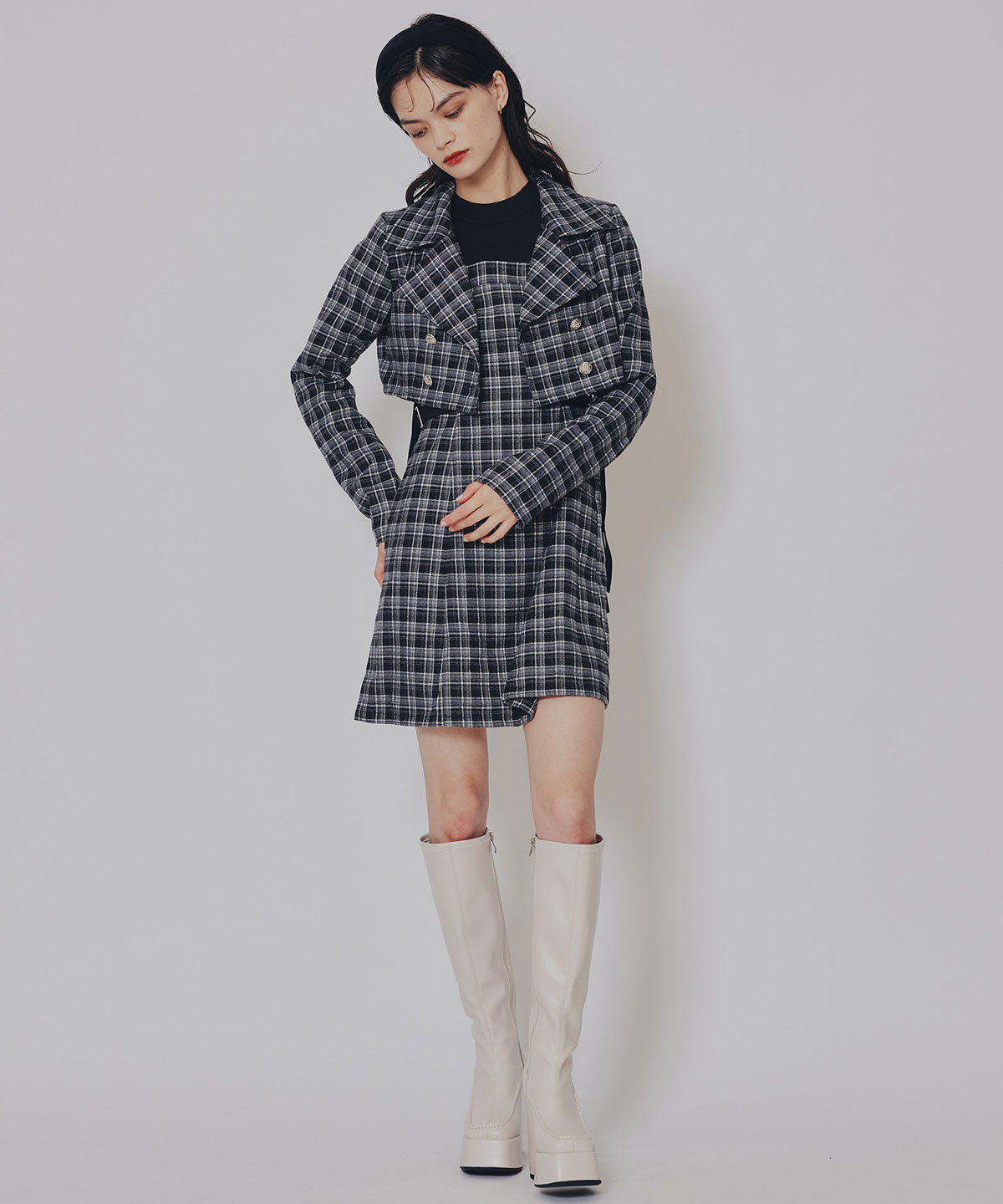 チェックショートジャケット×Wベルトワンピースセットアップ