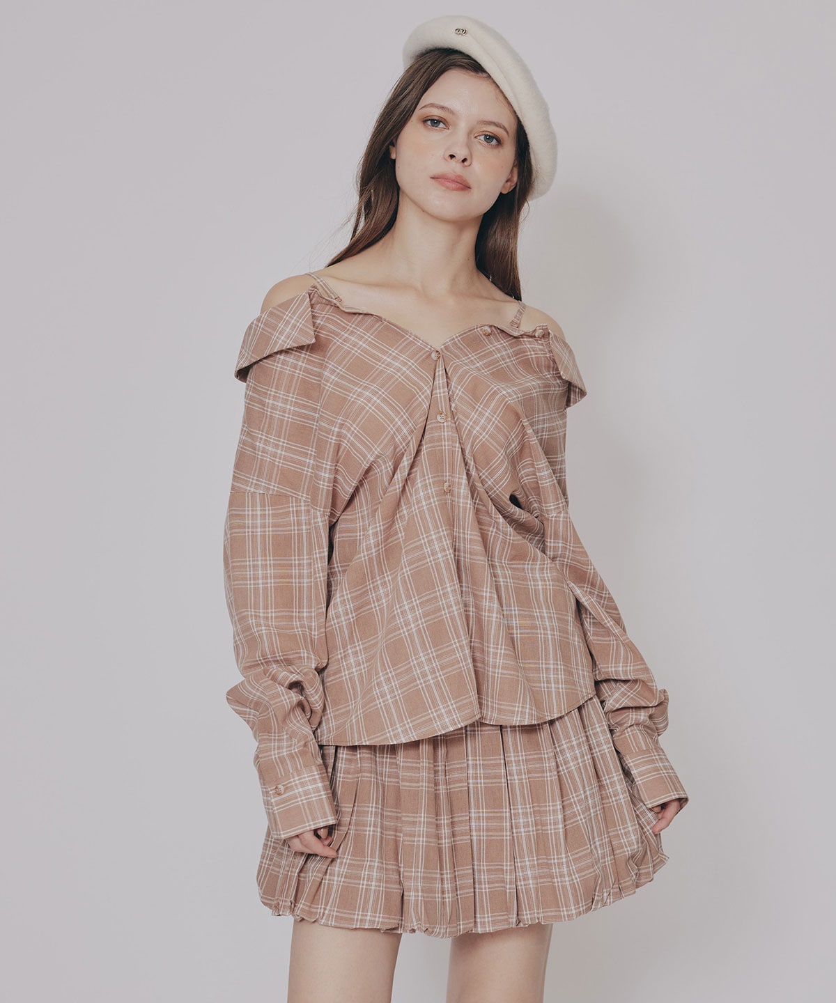 マルチWAYチェックブラウス×バルーンスカートセットアップ