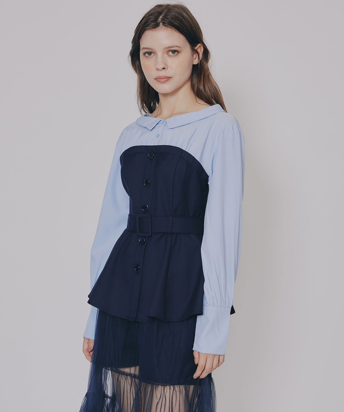 シャツドッキングチュールワンピース&ショートパンツセットアップ