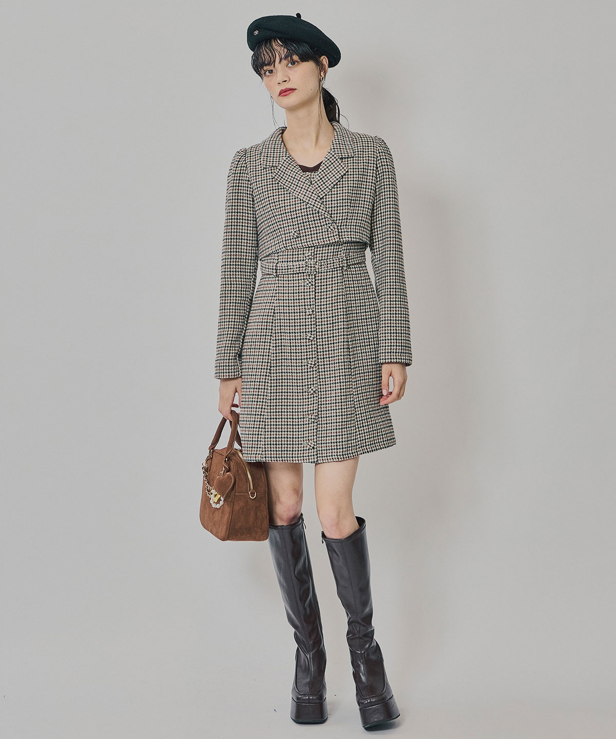 ハウンドトゥースショートジャケット×ミニワンピース