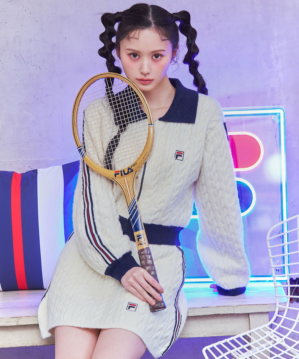 ［FILA×REDYAZEL］ケーブルニットトリコロールラインジャケット×タイトミニスカートセットアップ