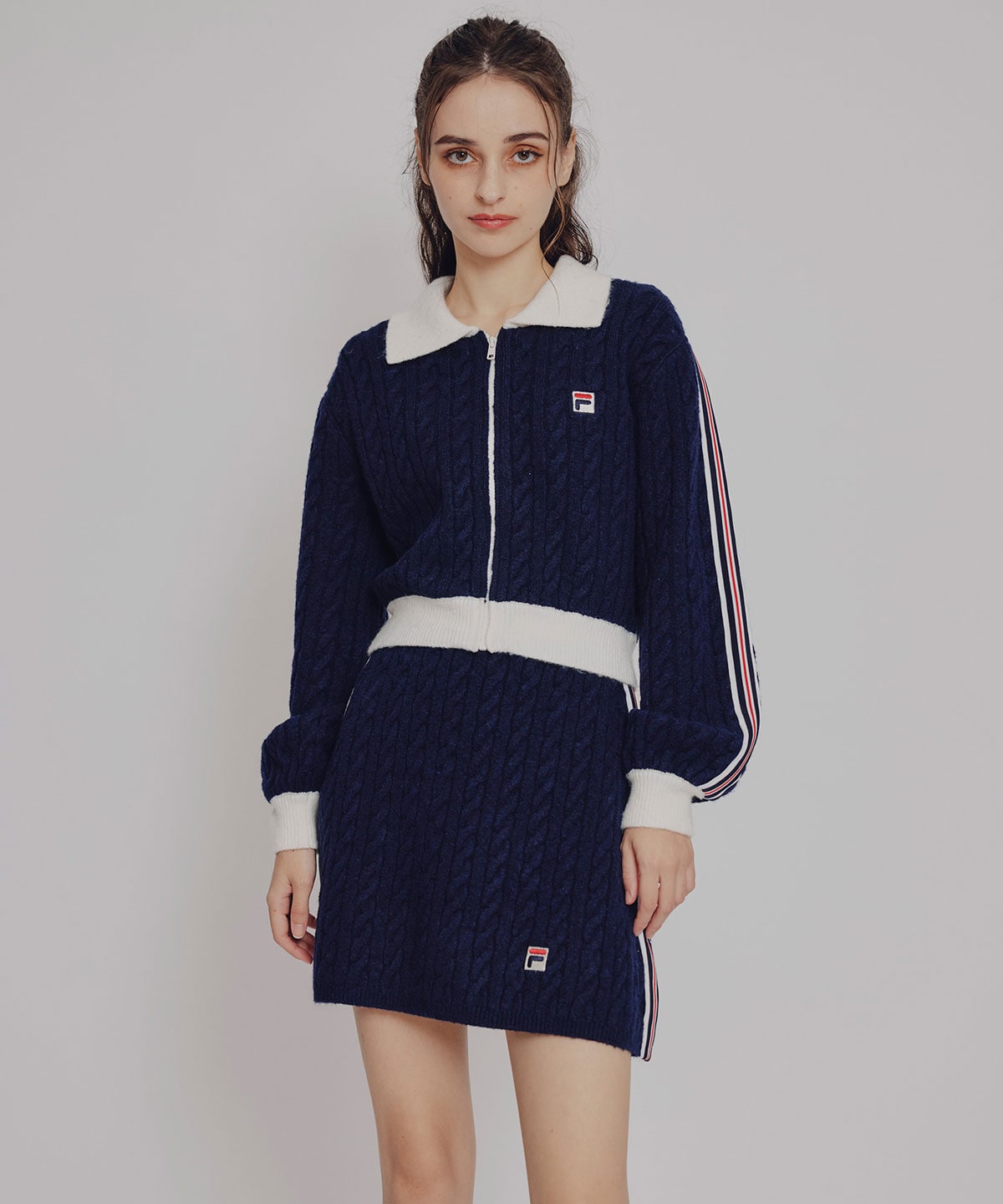 ［FILA×REDYAZEL］ケーブルニットトリコロールラインジャケット×タイトミニスカートセットアップ