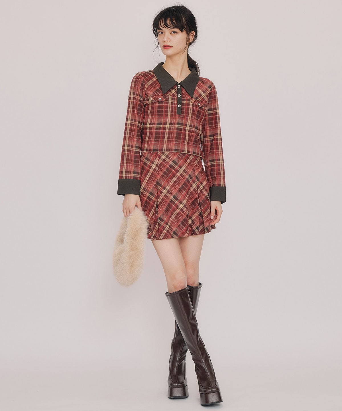 バイアスチェックショートブラウス×プリーツミニスカートセットアップ