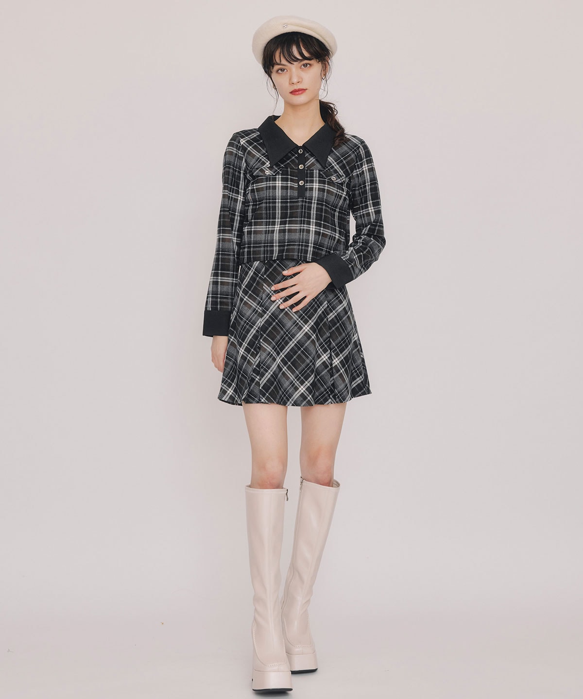 バイアスチェックショートブラウス×プリーツミニスカートセットアップ