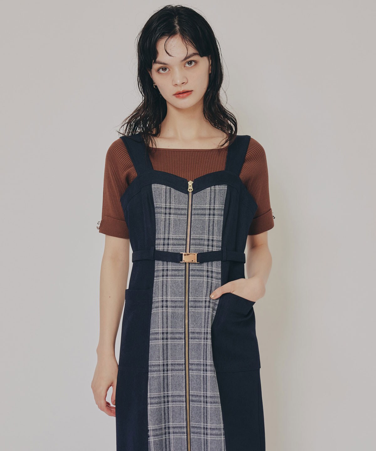 フロントジップバイカラーチェックワンピース