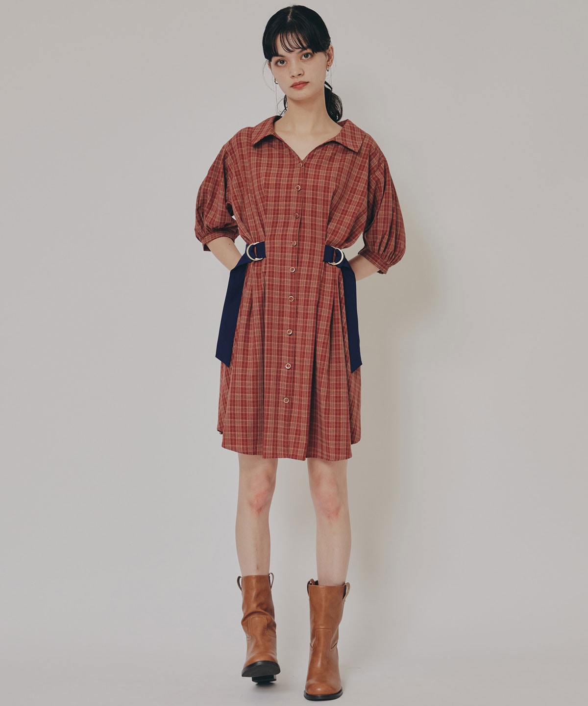 チェックバイカラーウエストベルトシャツワンピース