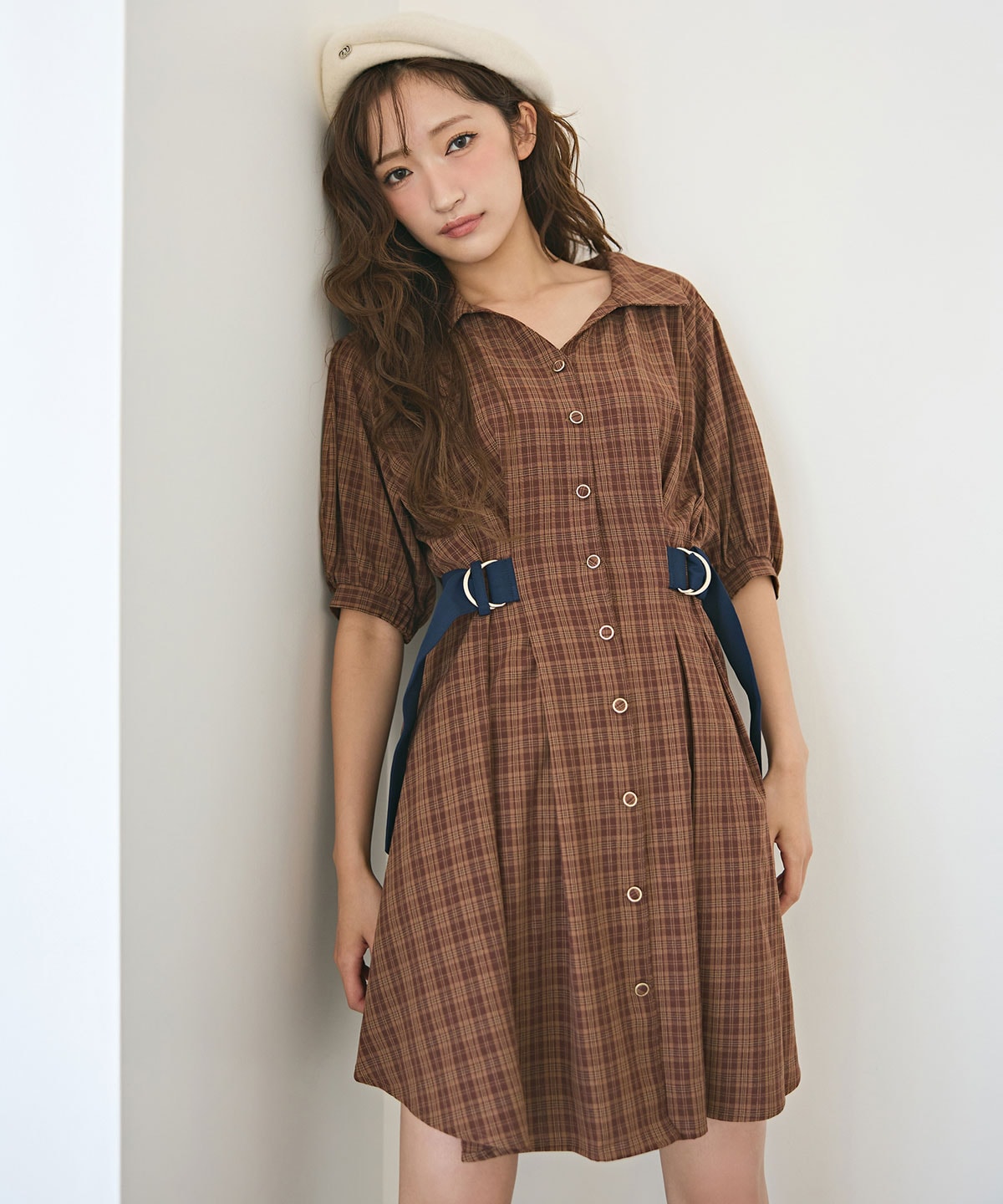 チェックバイカラーウエストベルトシャツワンピース