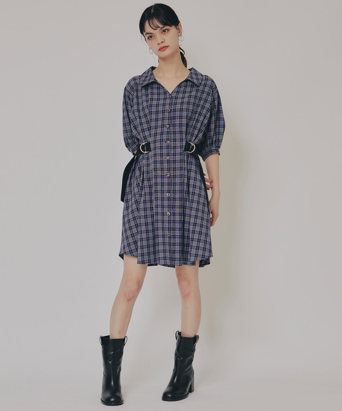 チェックバイカラーウエストベルトシャツワンピース