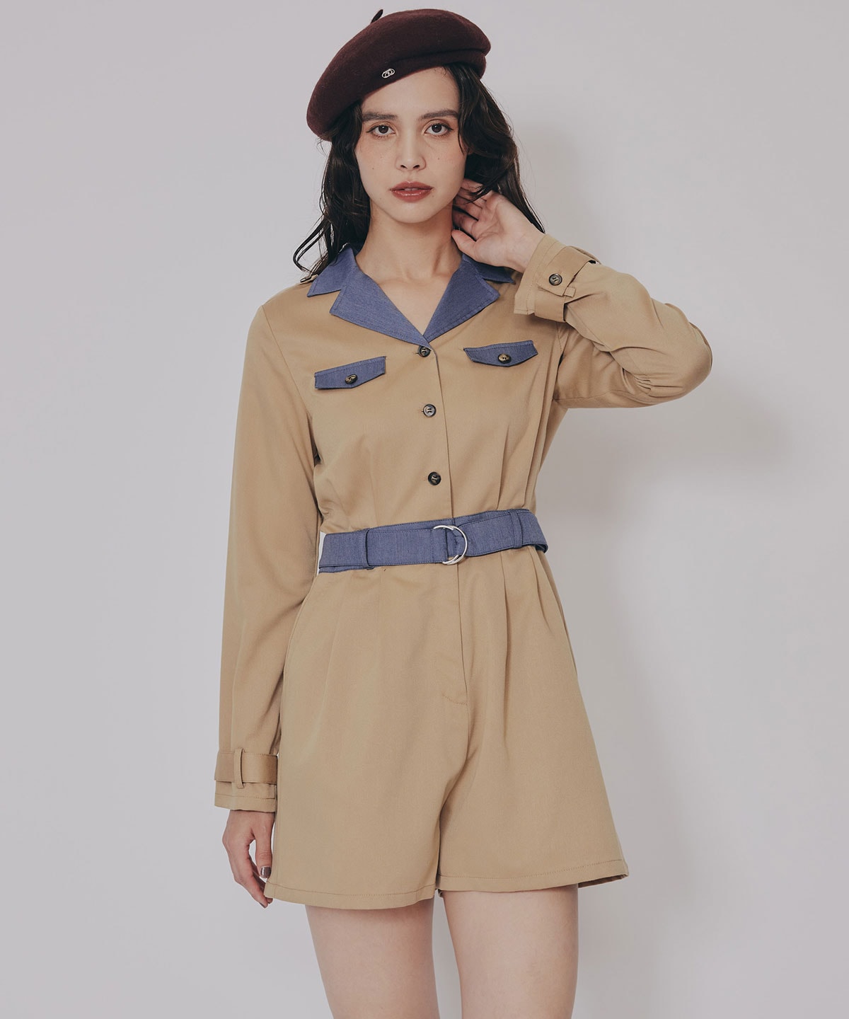 バイカラーベルトショートオールインワン