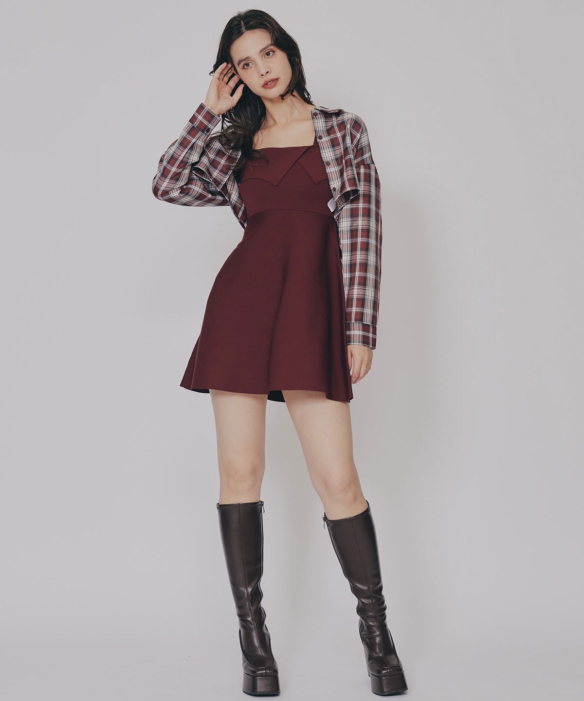 チェックショートシャツ×ニットミニワンピース