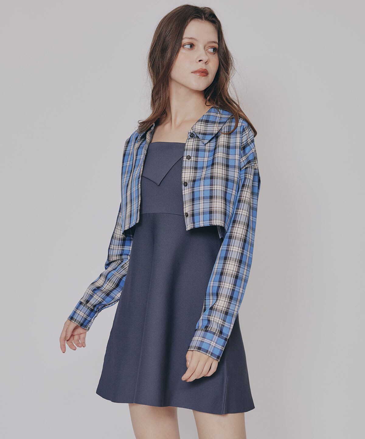 チェックショートシャツ×ニットミニワンピース