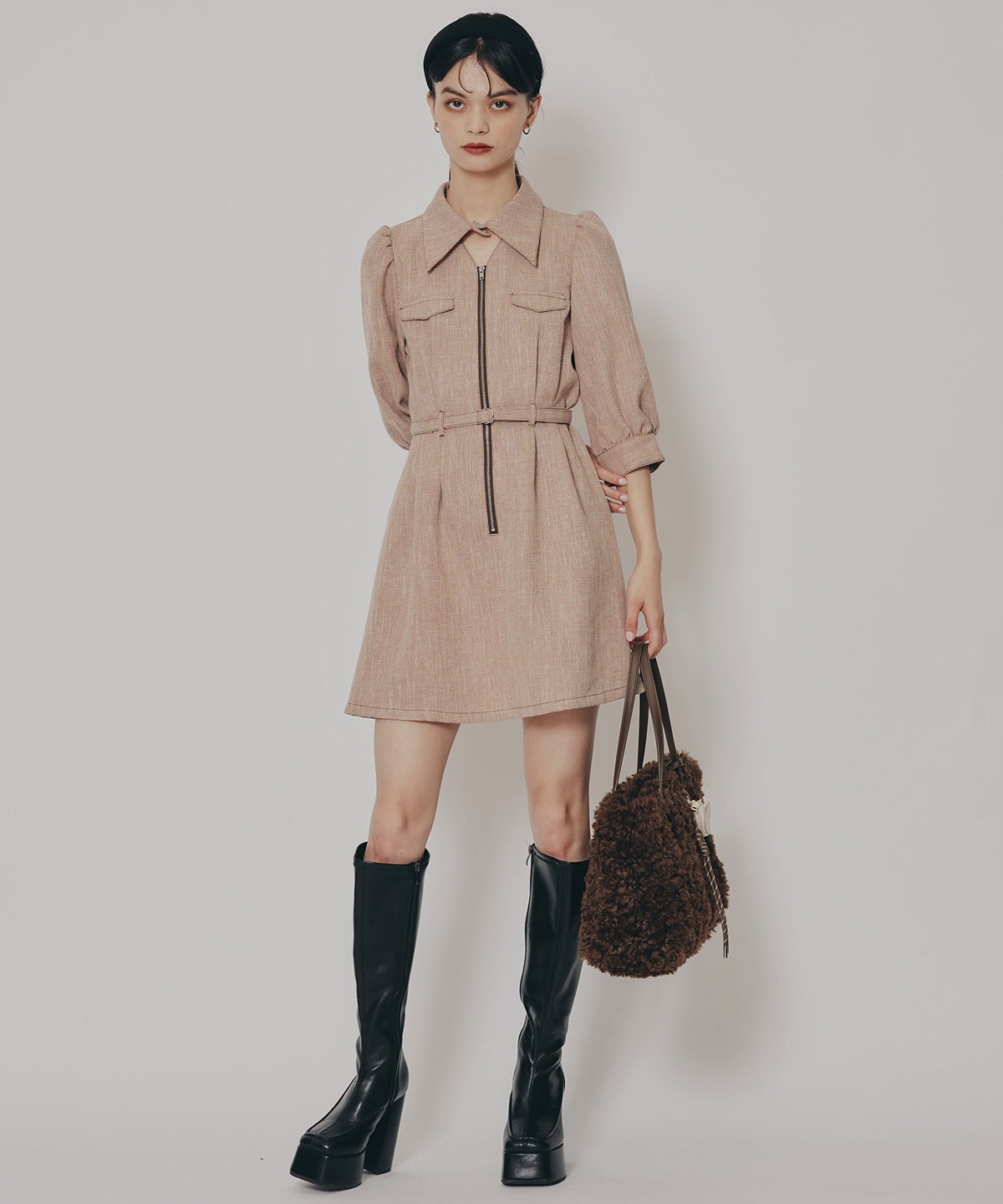 カラーミックスフロントZIPワンピース