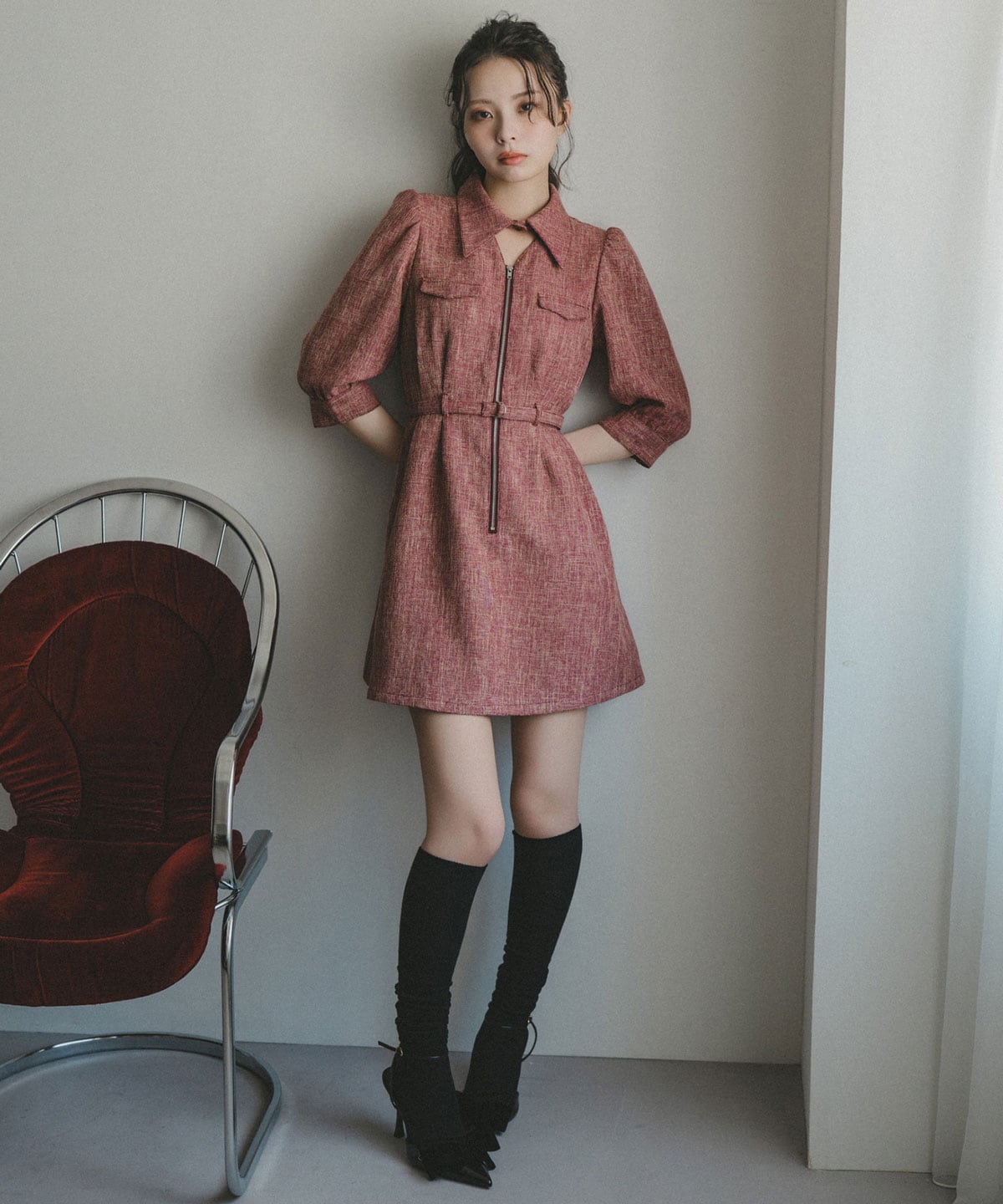 カラーミックスフロントZIPワンピース