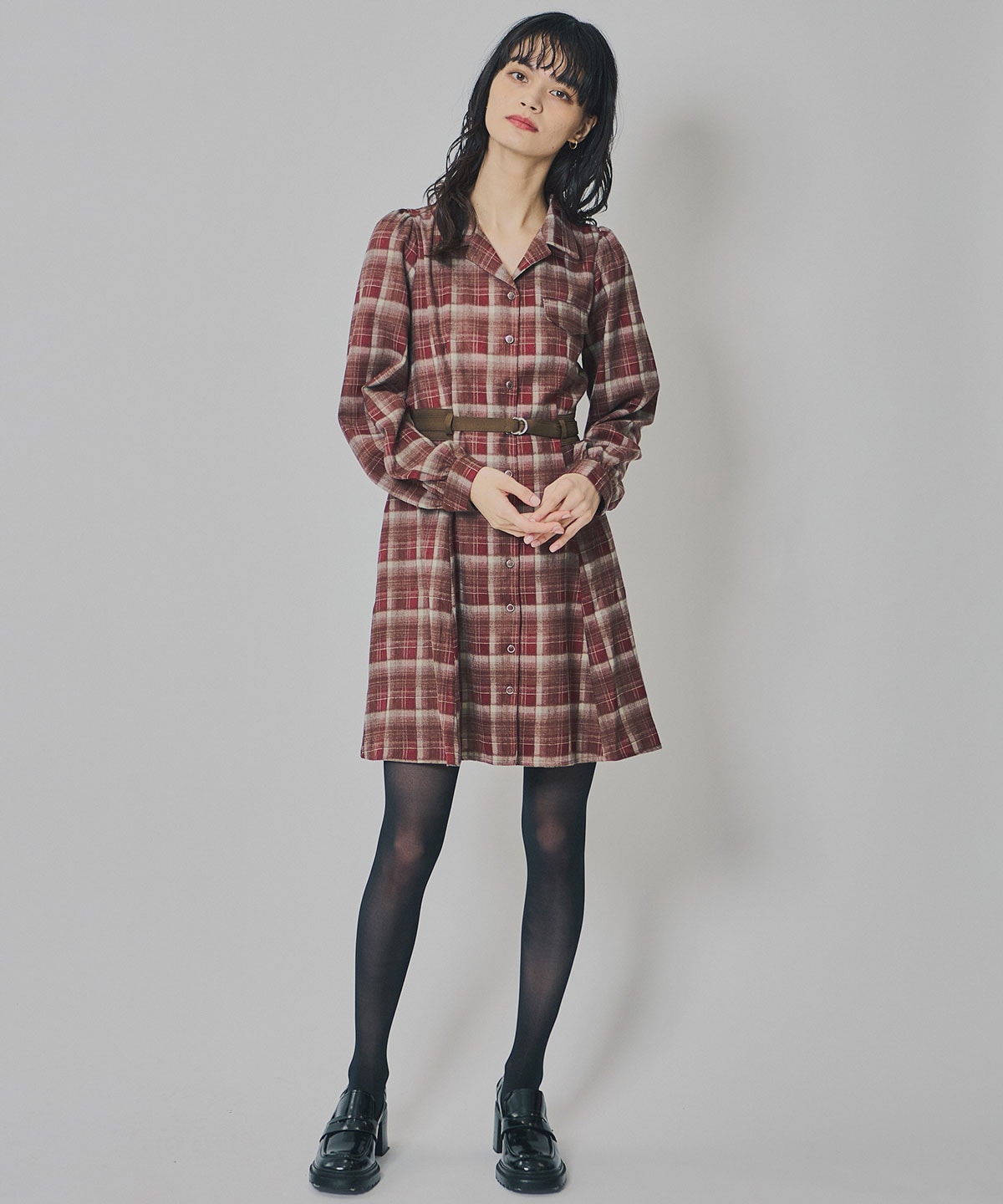 ウエストベルトチェックミニワンピース