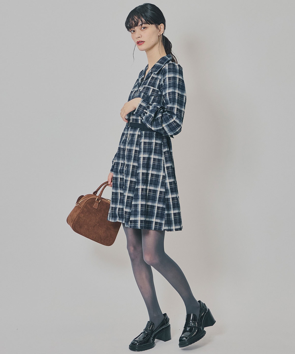 ウエストベルトチェックミニワンピース