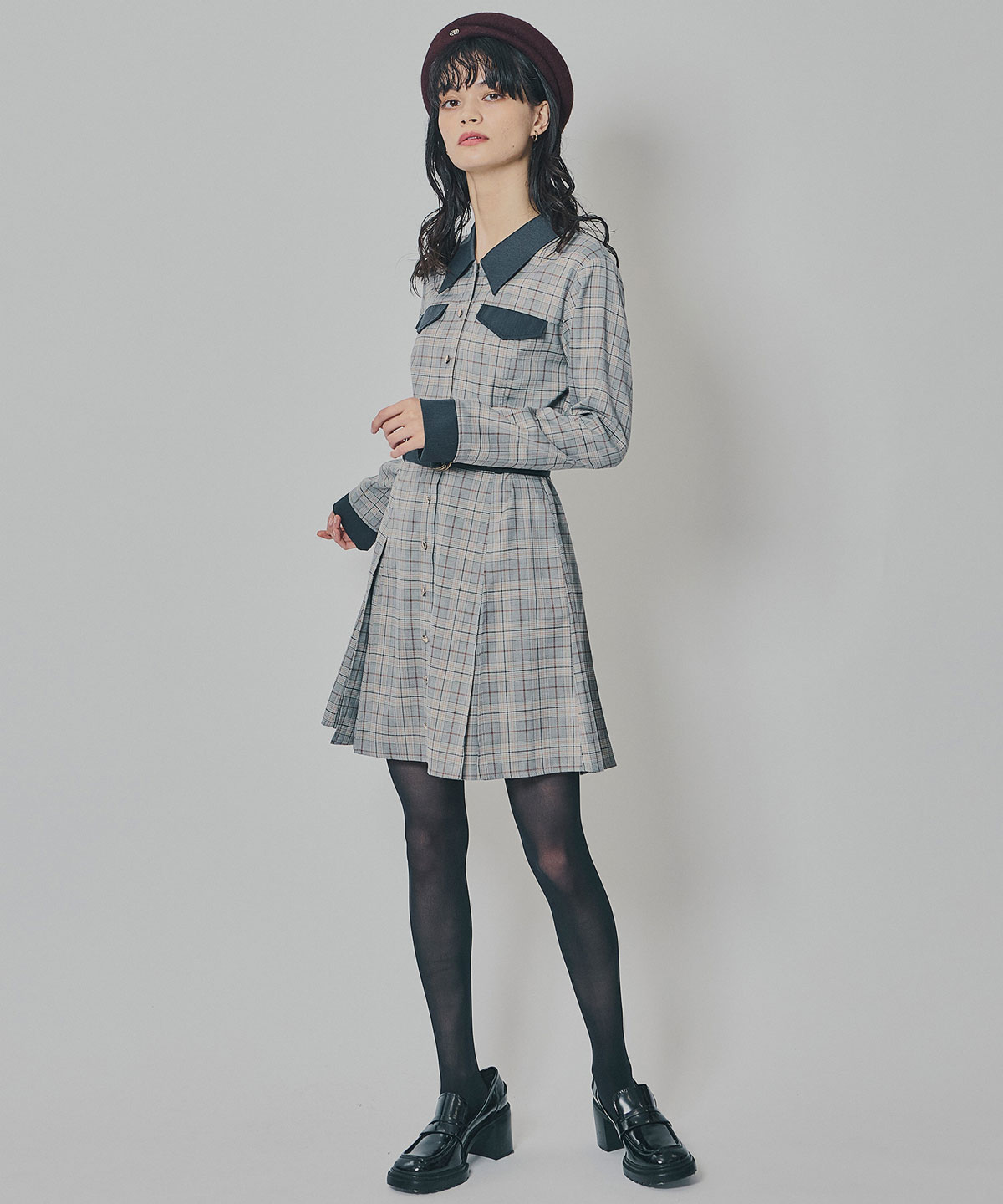 バイカラーチェックボックスプリーツシャツミニワンピース