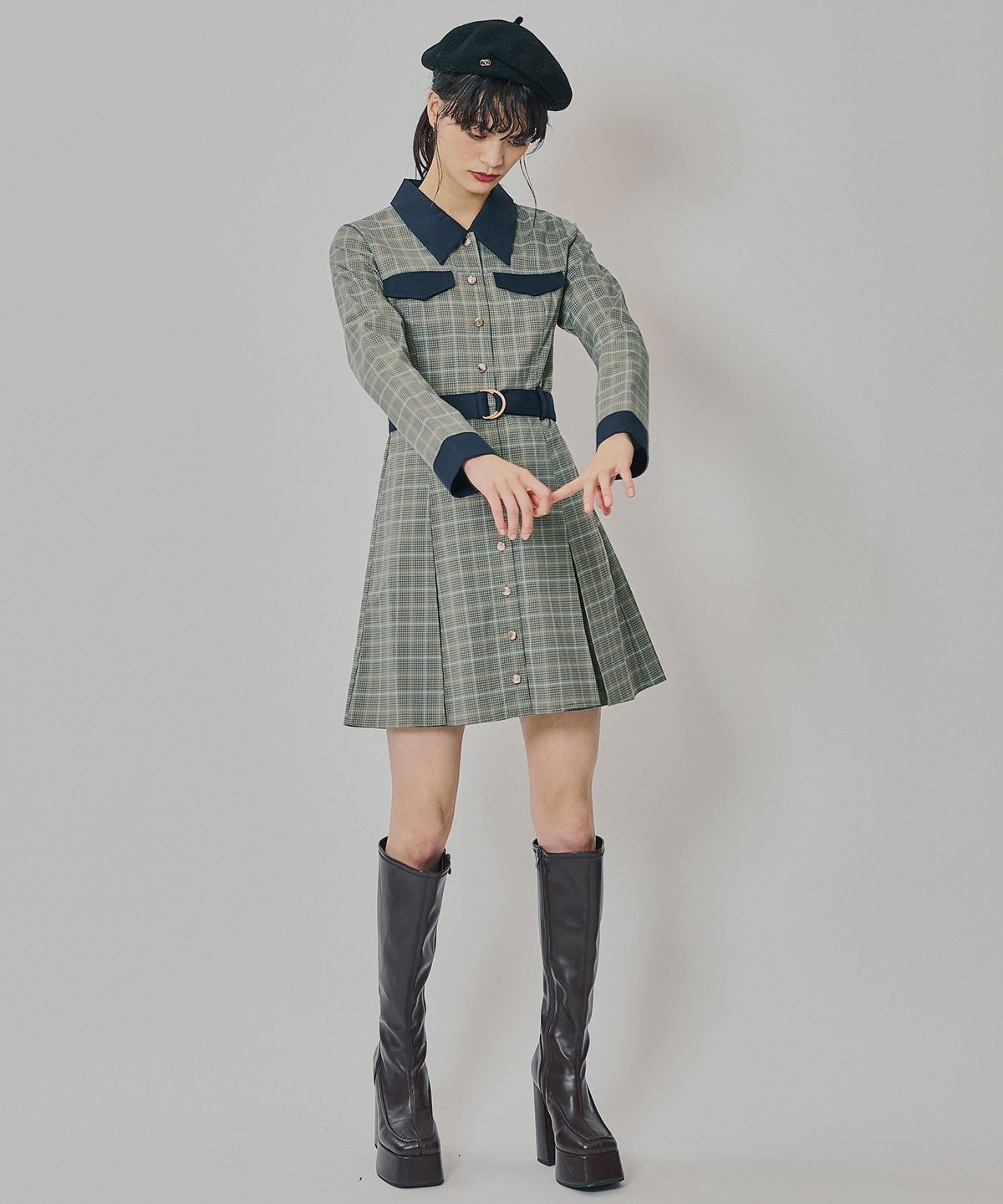 バイカラーチェックボックスプリーツシャツミニワンピース