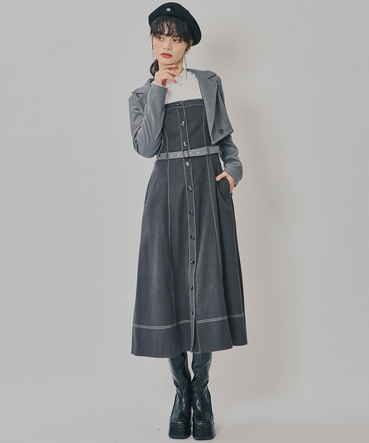 スエードライクショートジャケット×バイカラーワンピースセットアップ