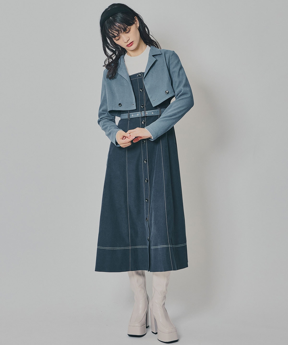 スエードライクショートジャケット×バイカラーワンピースセットアップ