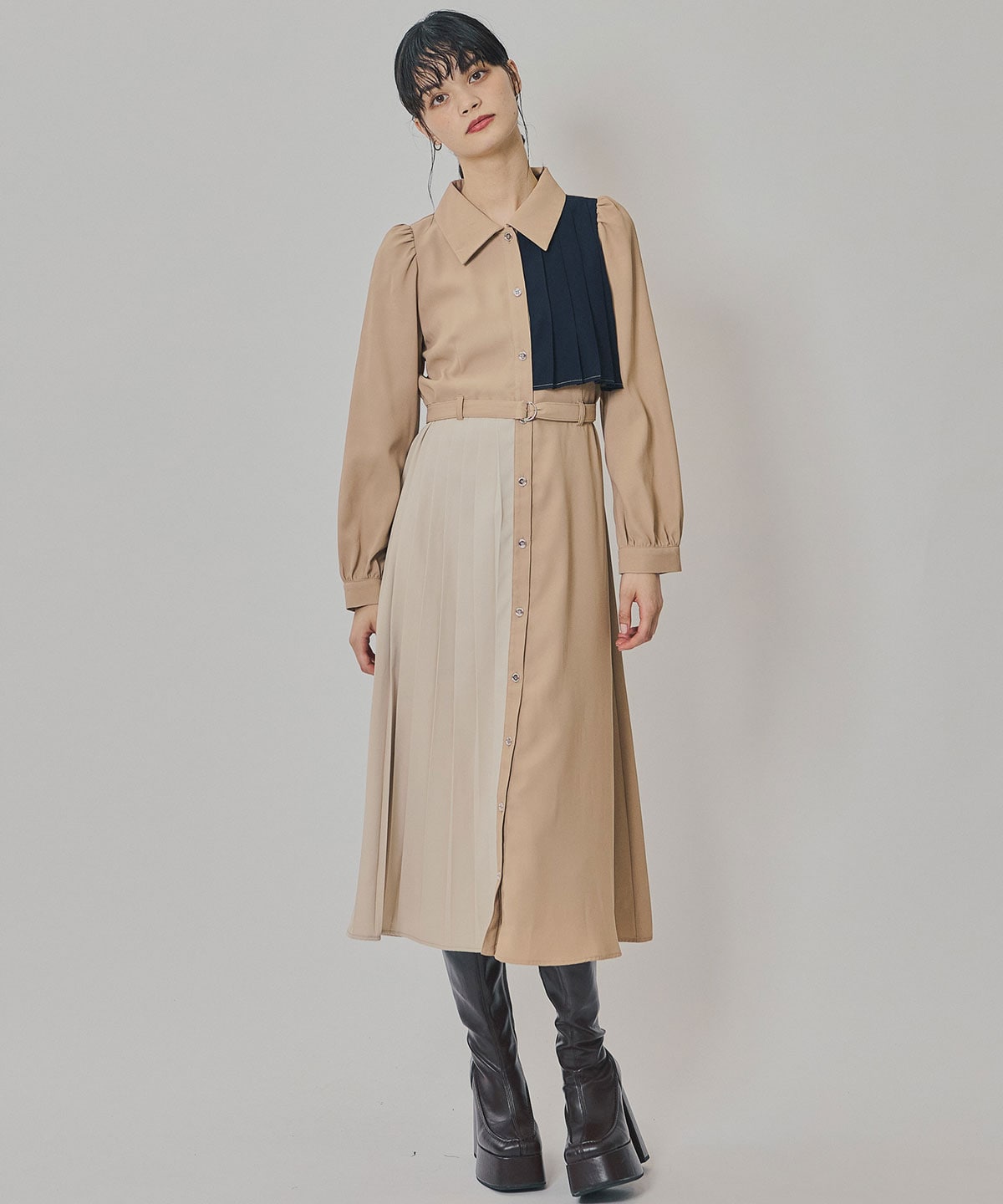 カラーブロックパネルアシメプリーツワンピース