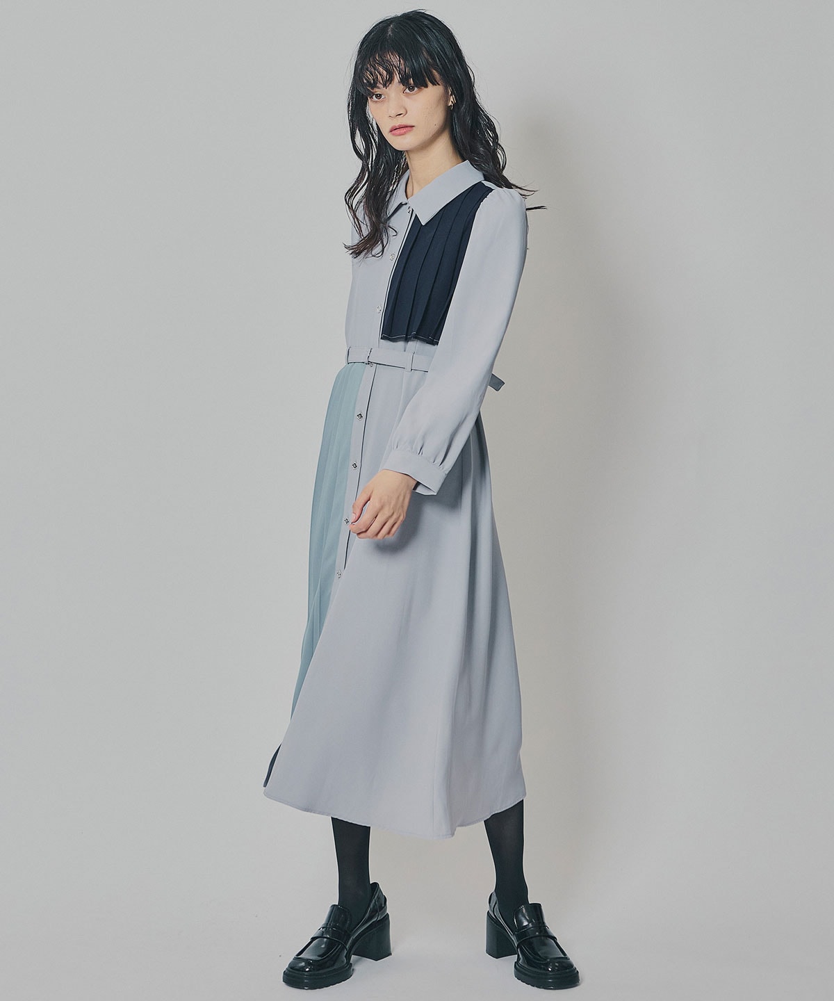 カラーブロックパネルアシメプリーツワンピース