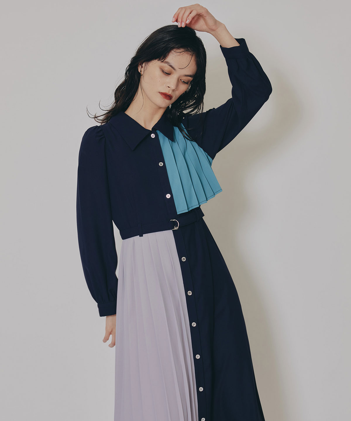 カラーブロックパネルアシメプリーツワンピース