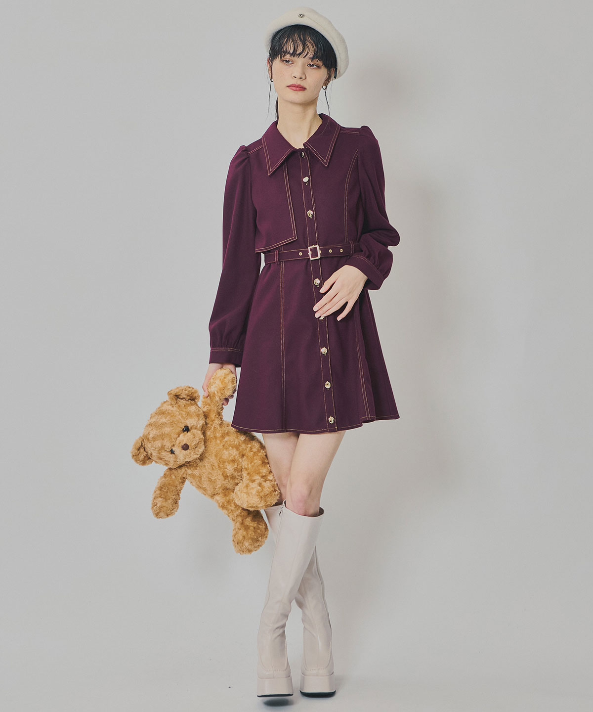 バイカラーステッチラインミニワンピース