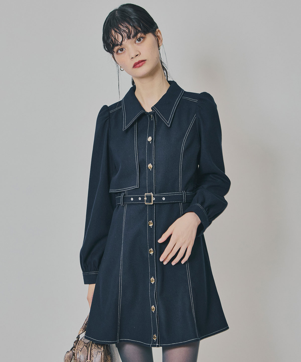 バイカラーステッチラインミニワンピース