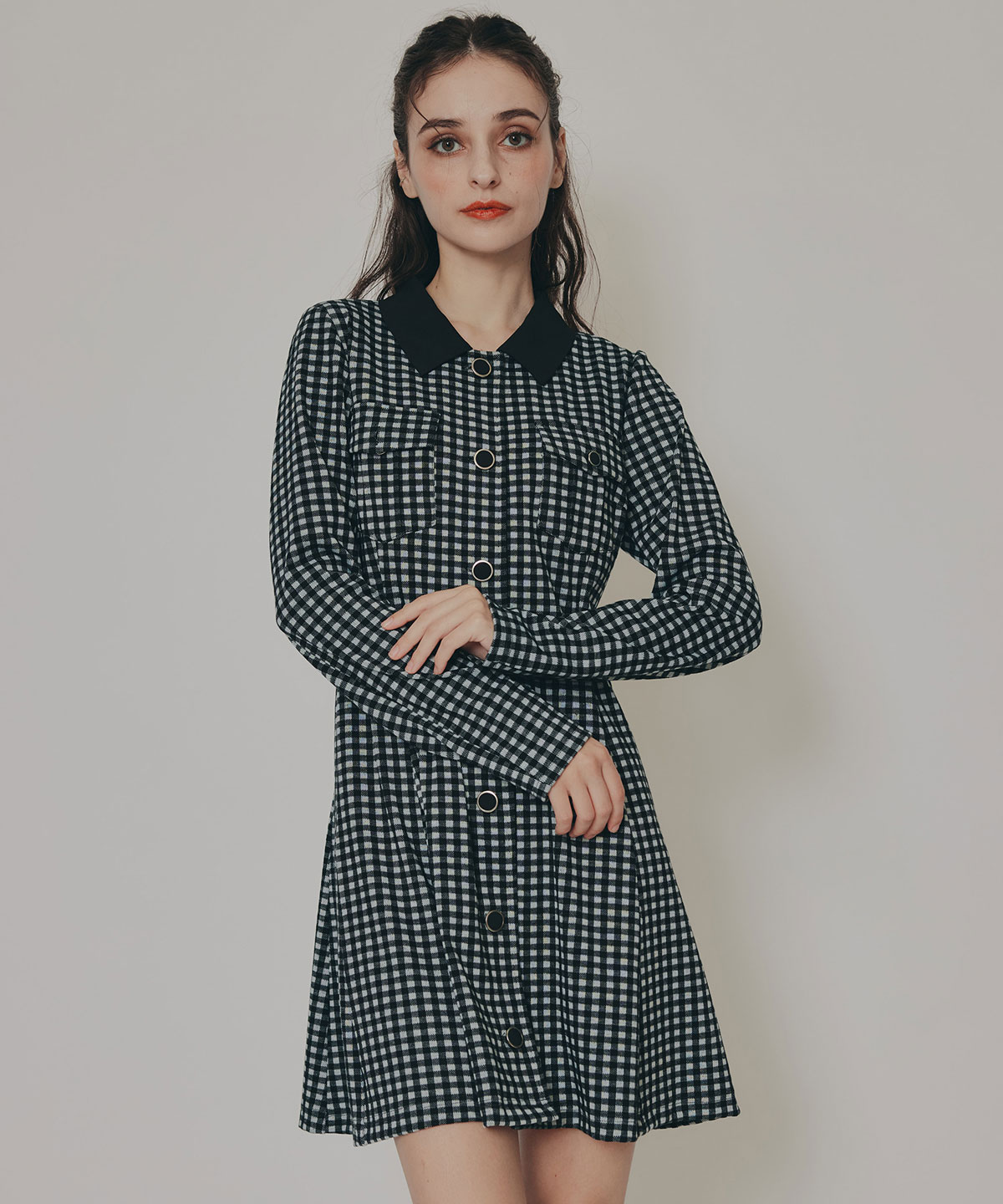 チェックバイカラーカットミニワンピース