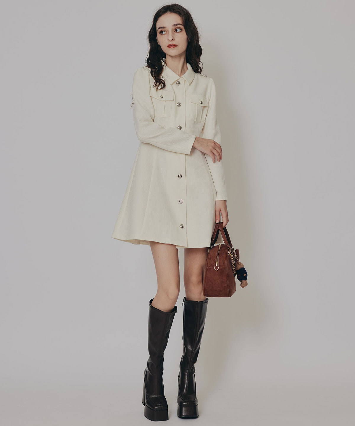 エンブレムボタンマイクロワッフルシャツワンピース(S ホワイト