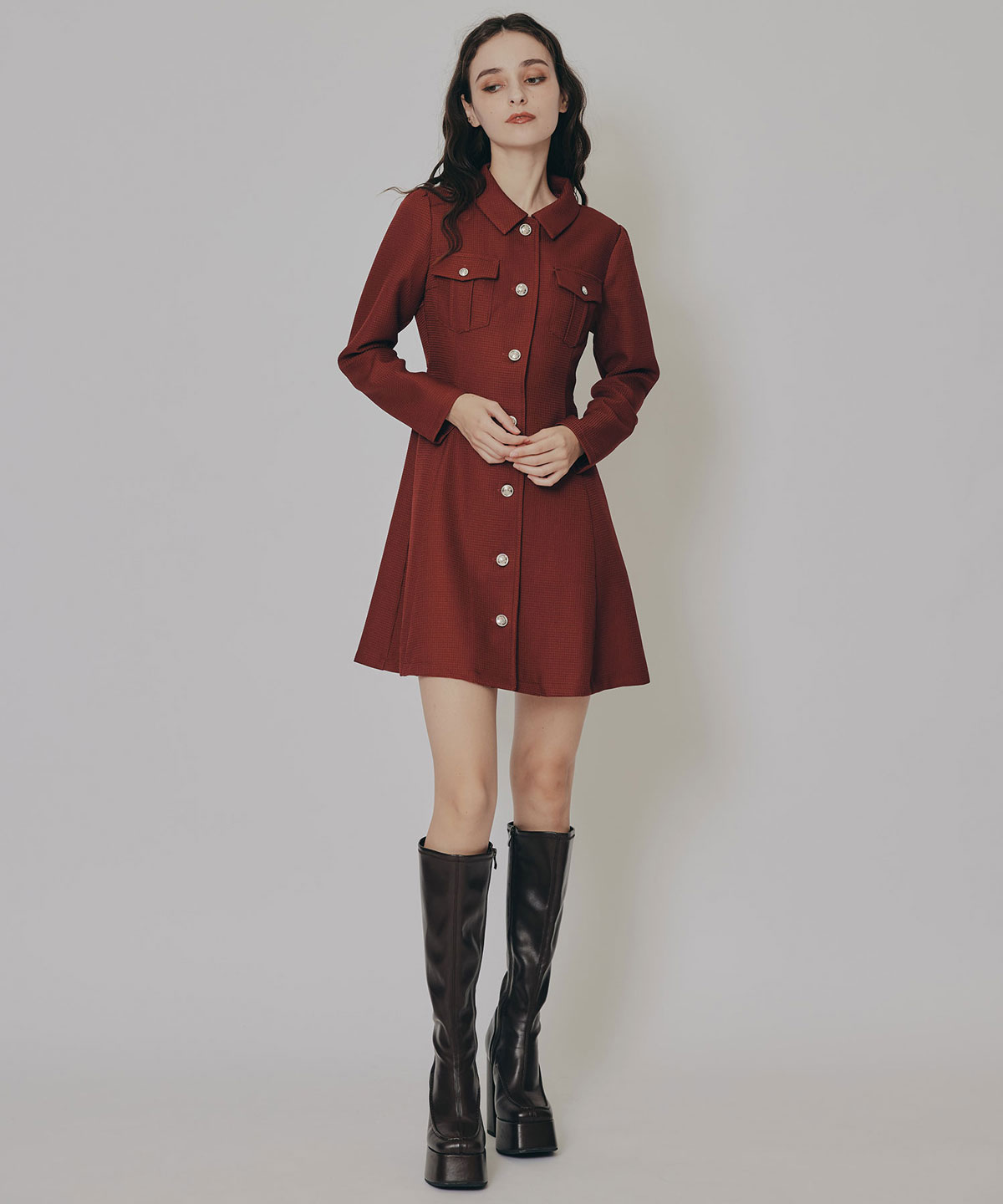 エンブレムボタンマイクロワッフルシャツワンピース