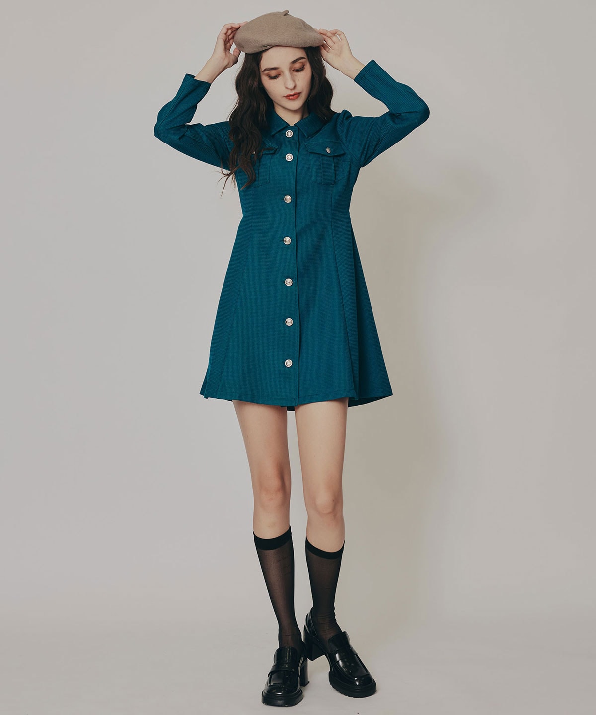 エンブレムボタンマイクロワッフルシャツワンピース(S グリーン