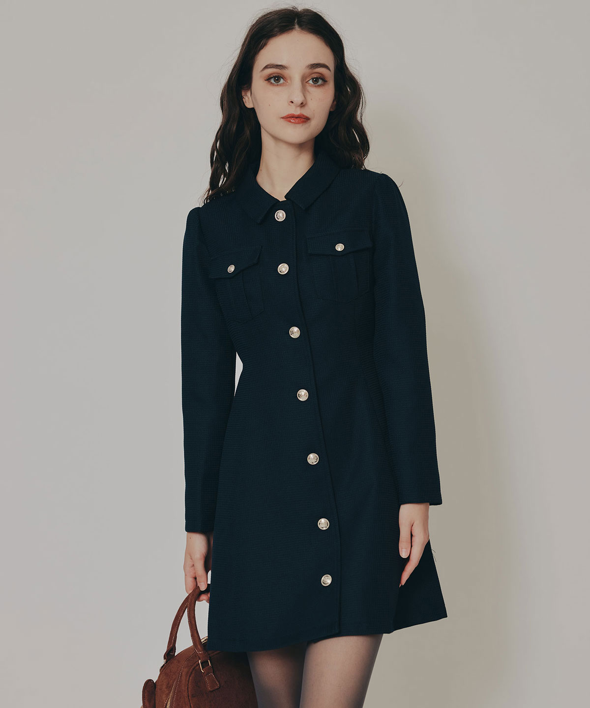 エンブレムボタンマイクロワッフルシャツワンピース