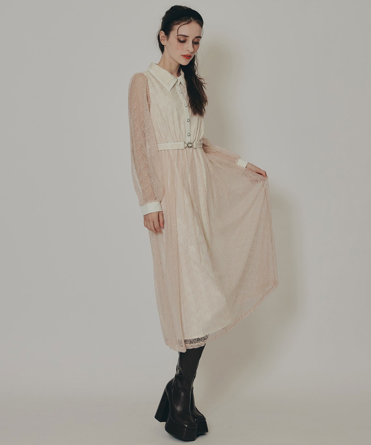 バイカラーレースプリーツロングスリーブワンピース