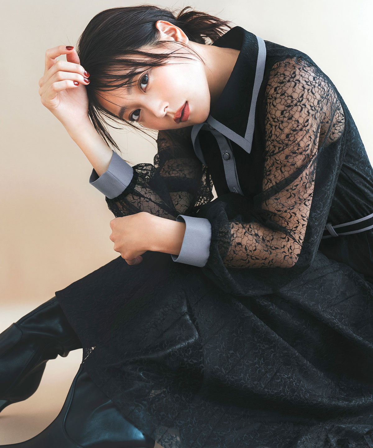 バイカラーレースプリーツロングスリーブワンピース