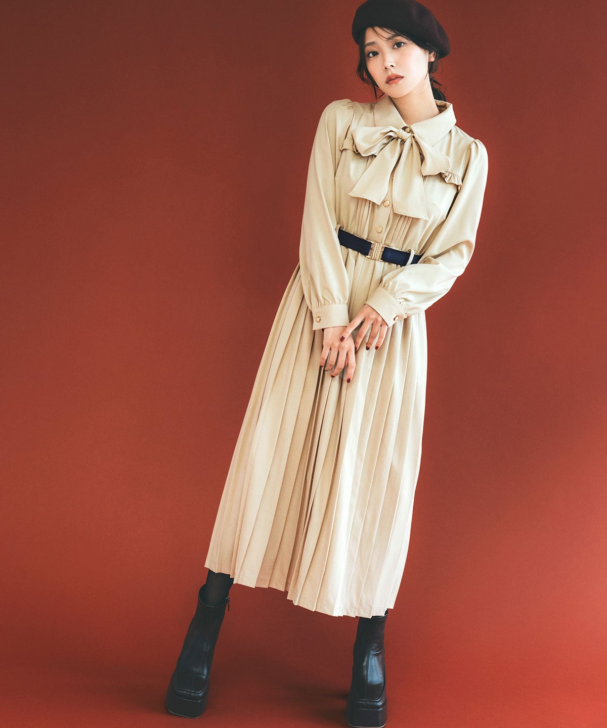 プリーツボウタイシャツロングワンピース