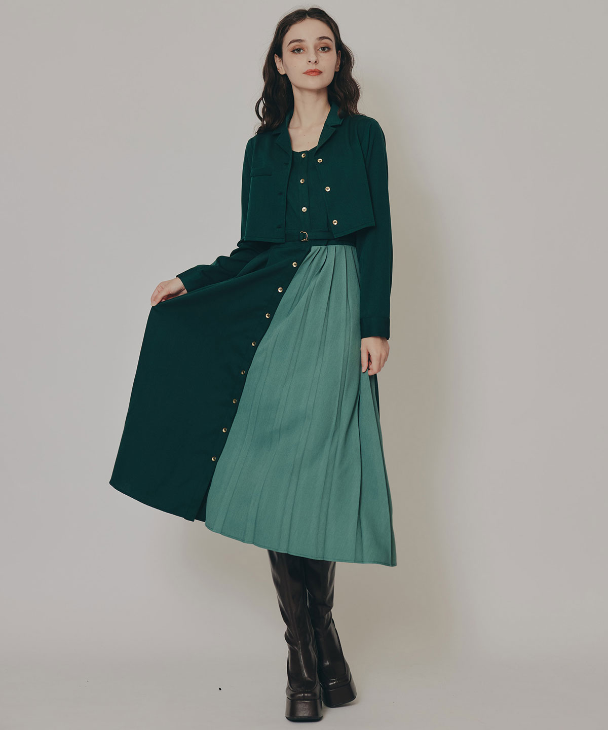 バイカラーアシメプリーツロングスリーブシャツワンピース