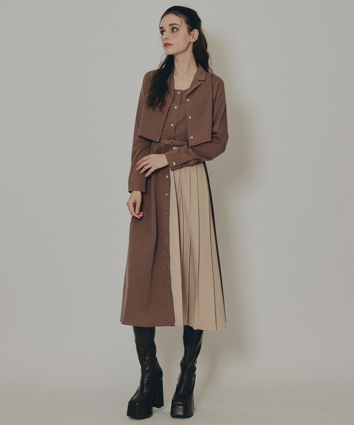 バイカラーアシメプリーツロングスリーブシャツワンピース