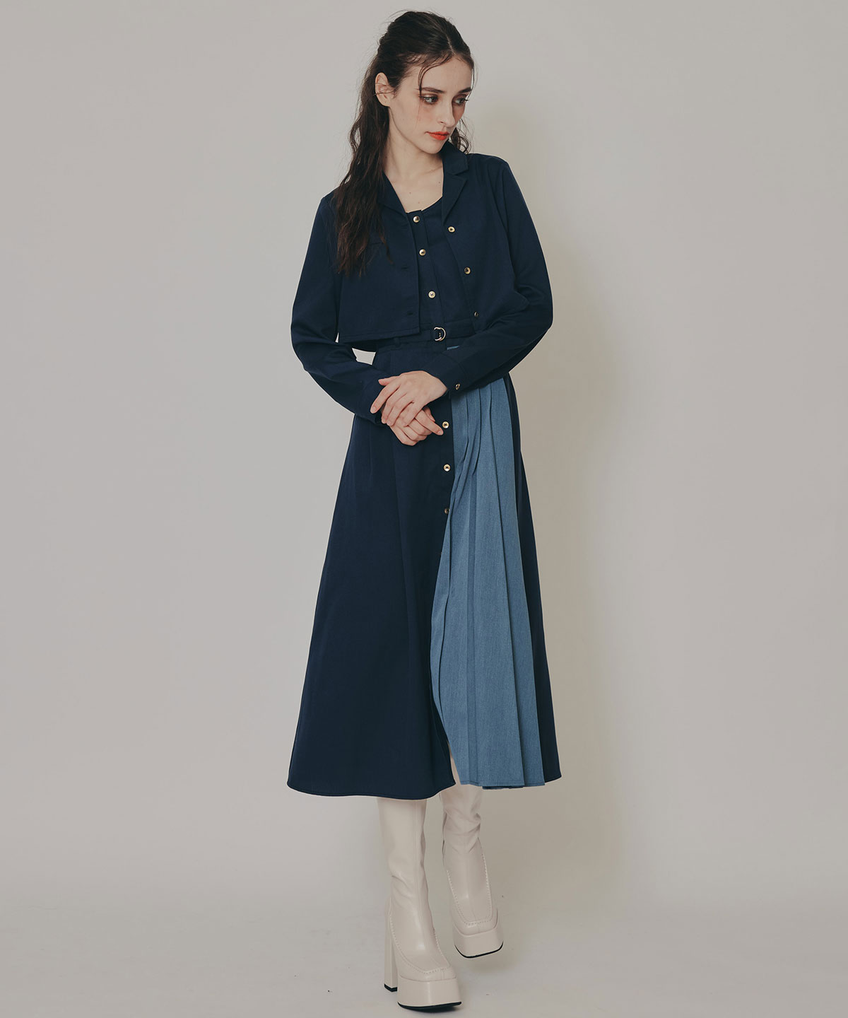 バイカラーアシメプリーツロングスリーブシャツワンピース