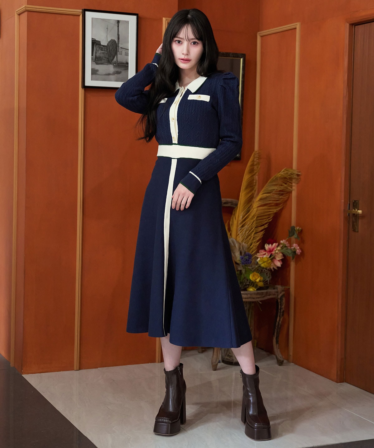 マルチケーブルバイカラーニットワンピース